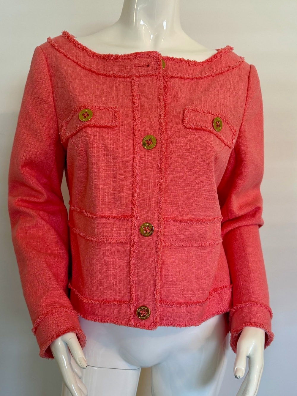 Lilly Pulitzer Millie Coral Tweed Jacket/ Blazer Frayed Trim Jacket Large